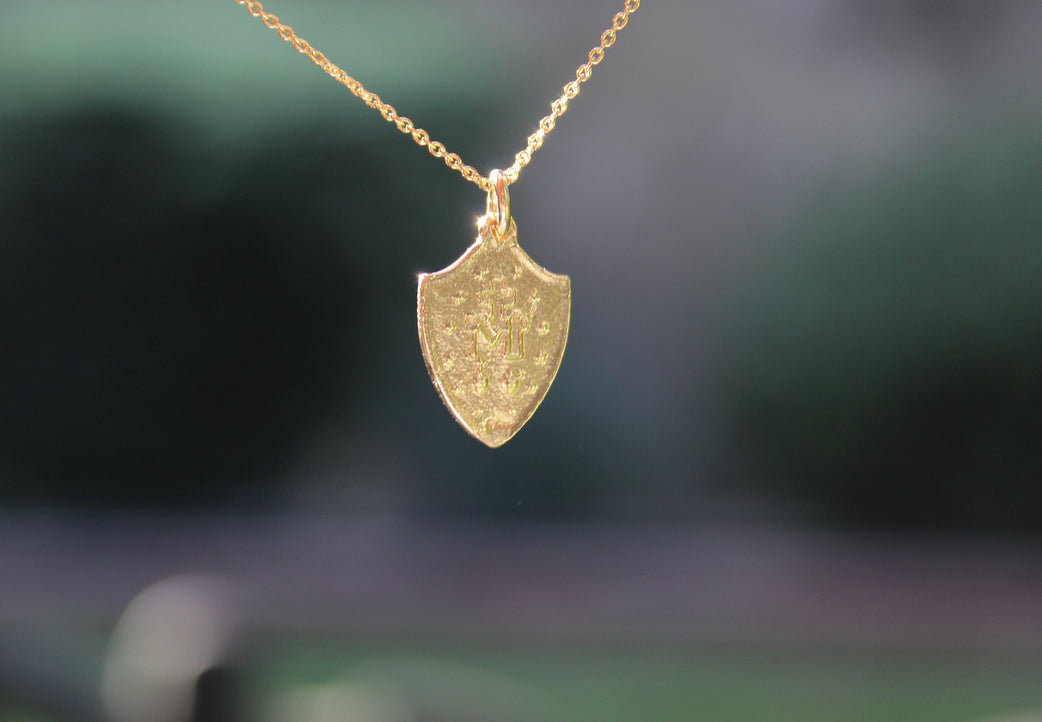 14K Gold Miraculous Medal Shield Necklace
