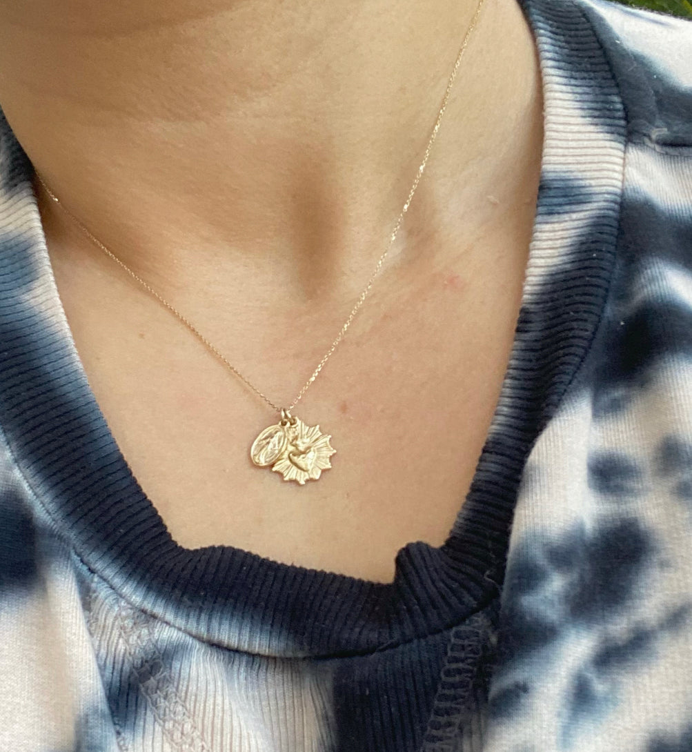 Sacred Heart and Miraculous Medal Necklace in 14k Gold