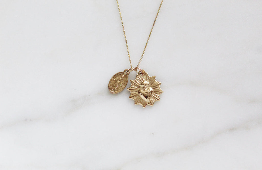 Sacred Heart and Miraculous Medal Necklace in 14k Gold