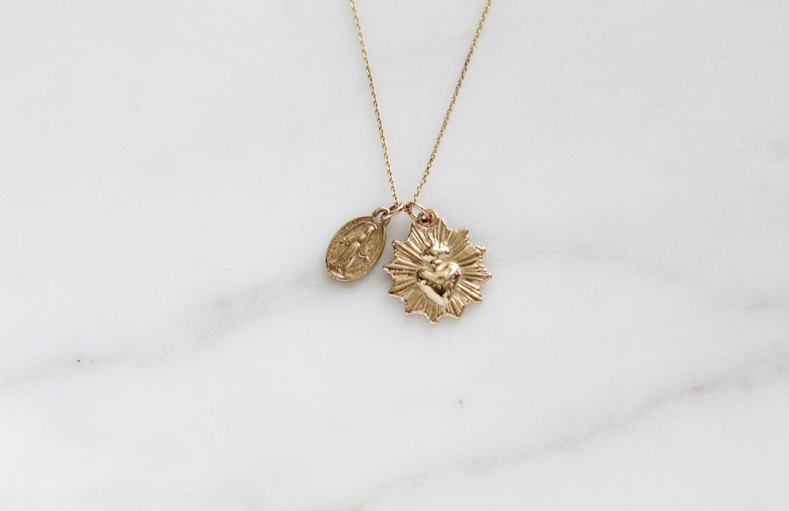 Sacred Heart and Miraculous Medal Necklace in 14k Gold