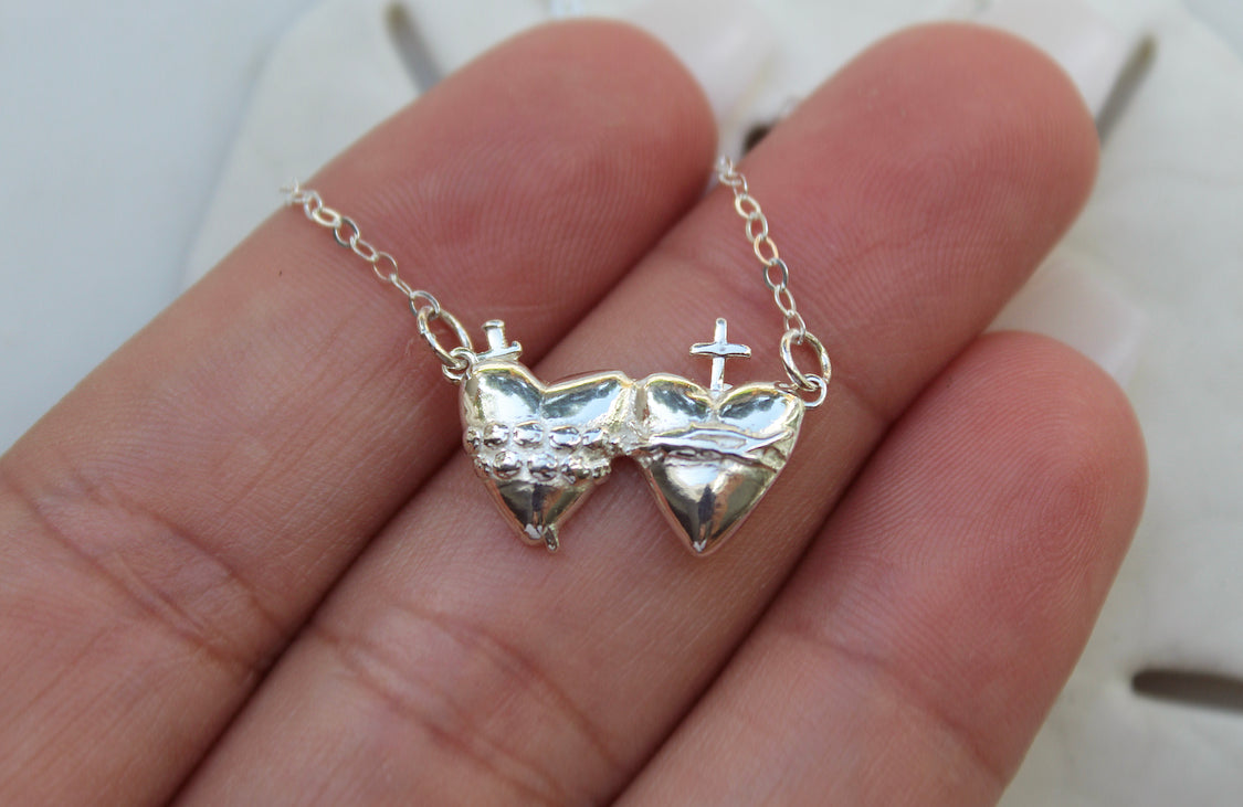 Sacred Heart and Immaculate Heart Necklace in Sterling Silver