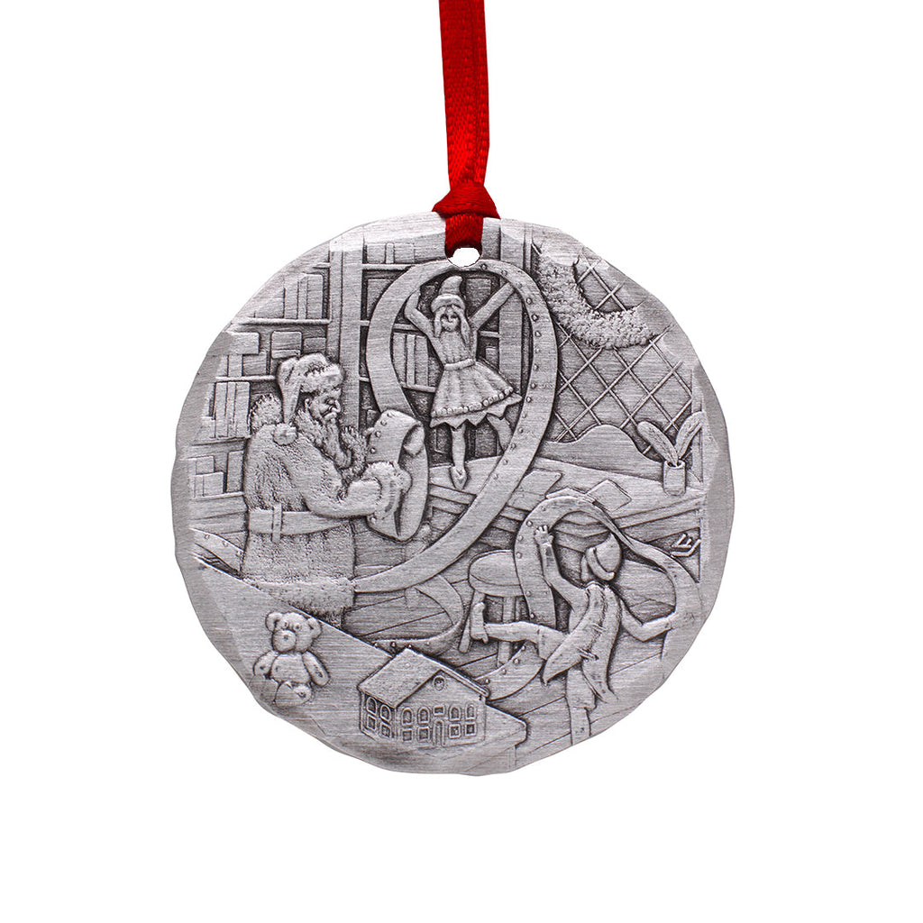 2025 Annual Aluminum Christmas Ornament featuring Santa checking his list with elves in Santa's Workshop, red ribbon hanger