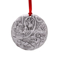 2025 Annual Aluminum Christmas Ornament featuring Santa checking his list with elves in Santa's Workshop, red ribbon hanger
