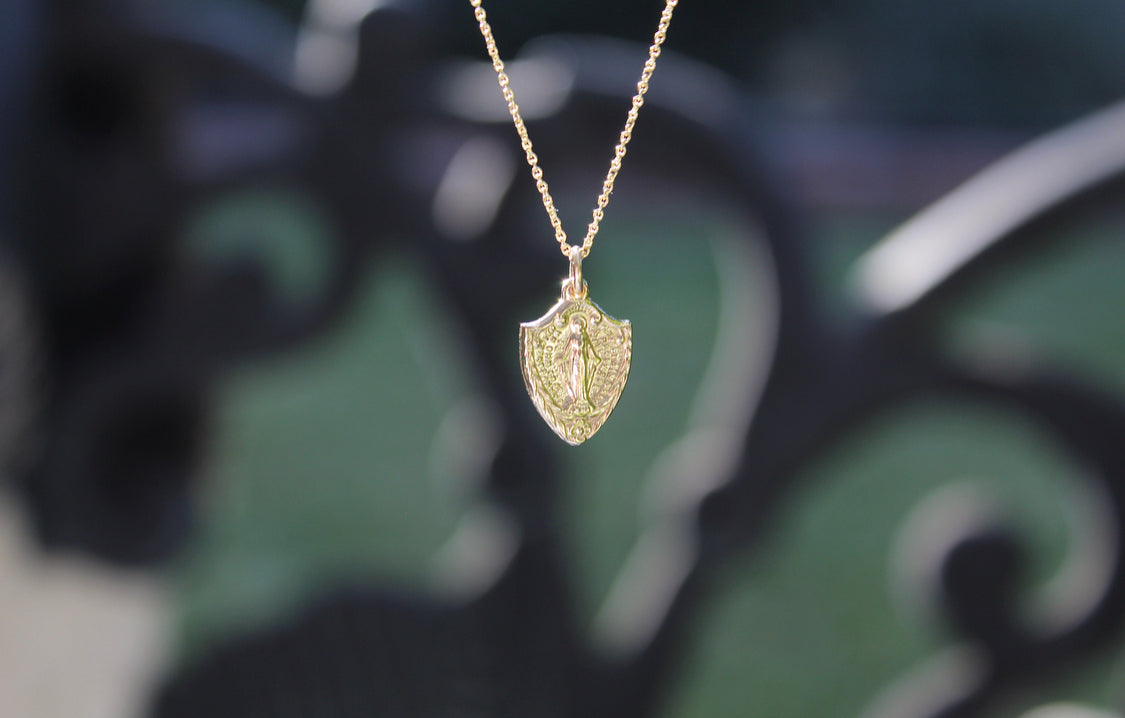 14K Gold Miraculous Medal Shield Necklace