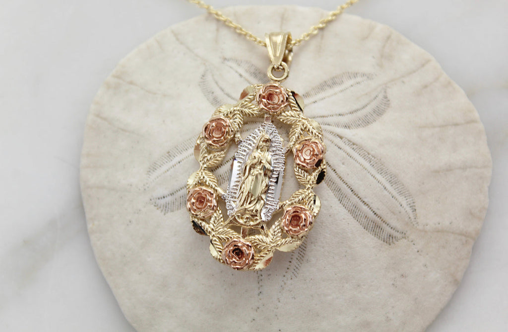 14k Gold Rose Our Lady of Guadalupe Necklace