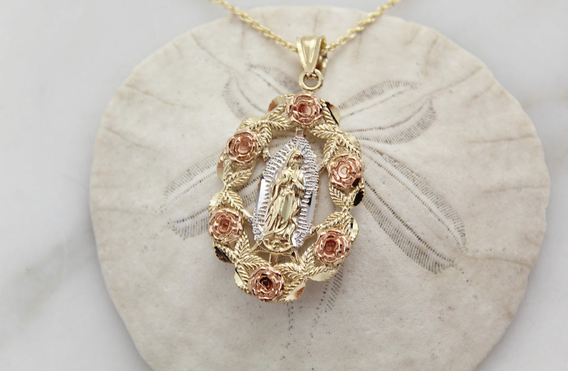 14k Gold Rose Our Lady of Guadalupe Necklace