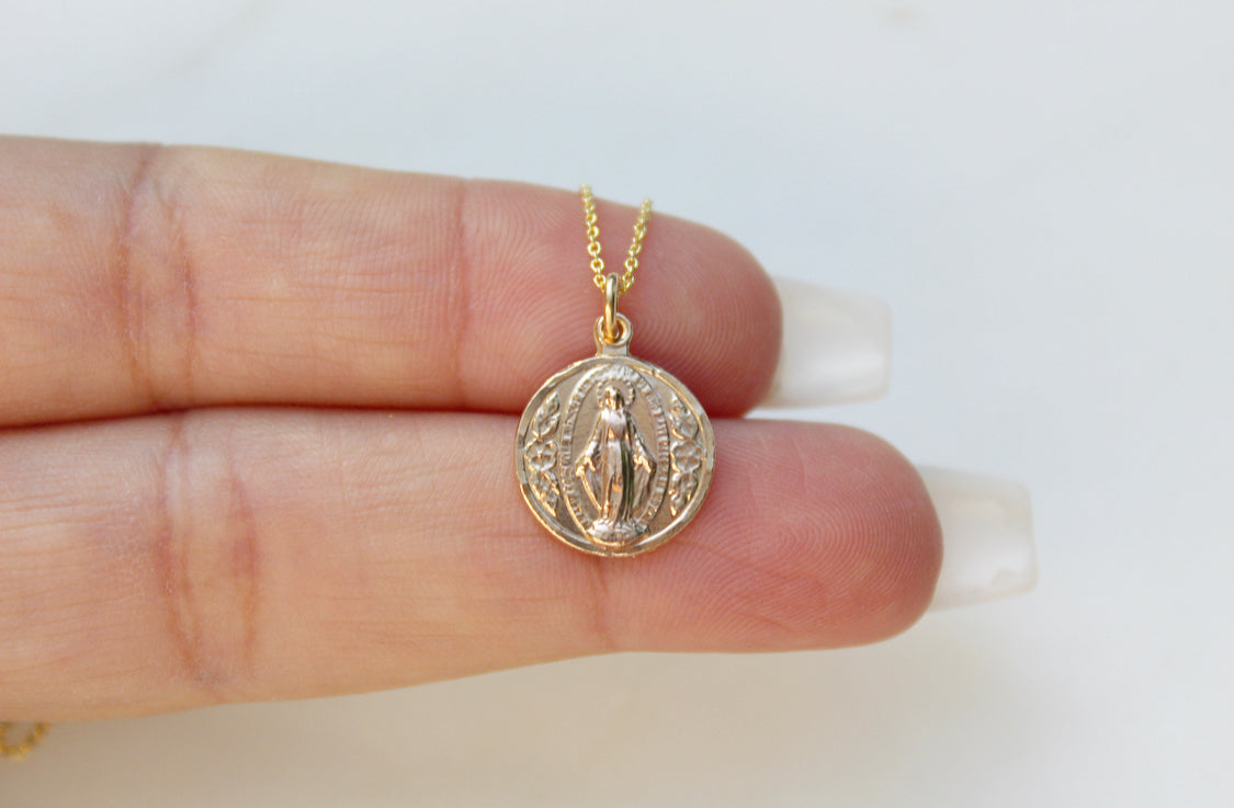 14k Gold Round Miraculous Medal Necklace