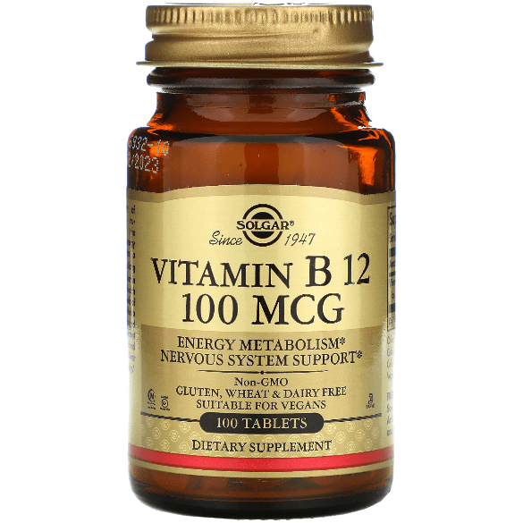 Solgar Vitamin B12 100 MCG 100 Tablets bottle - vegan dietary supplement for energy metabolism and nervous system support