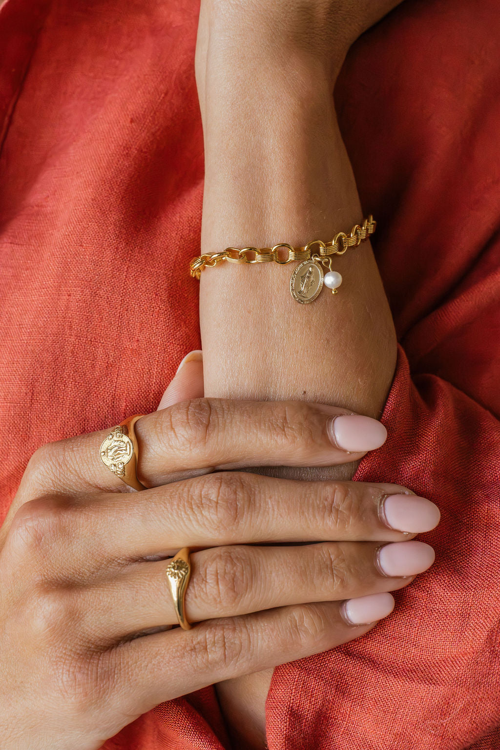 Miraculous Medal and Pearl Ring Band Bracelet