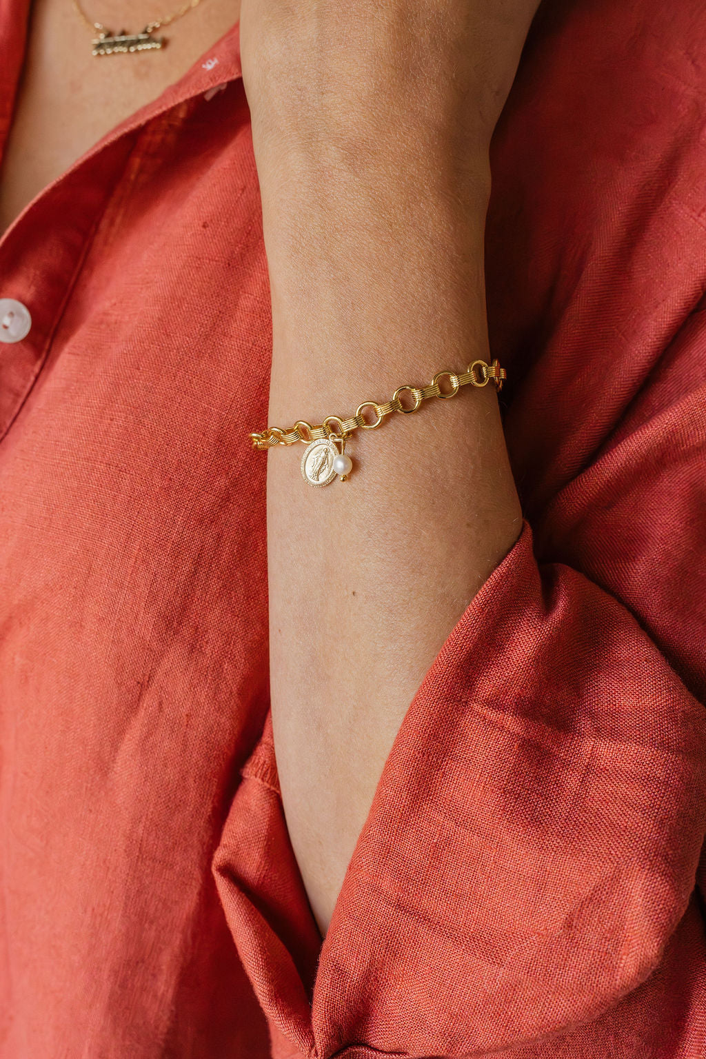 Miraculous Medal and Pearl Ring Band Bracelet