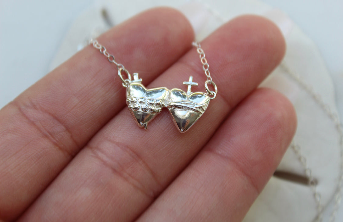 Sacred Heart and Immaculate Heart Necklace in Sterling Silver