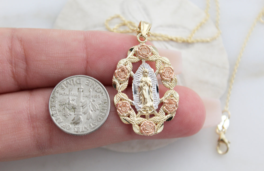 14k Gold Rose Our Lady of Guadalupe Necklace