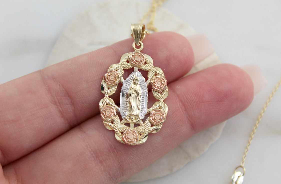 14k Gold Rose Our Lady of Guadalupe Necklace
