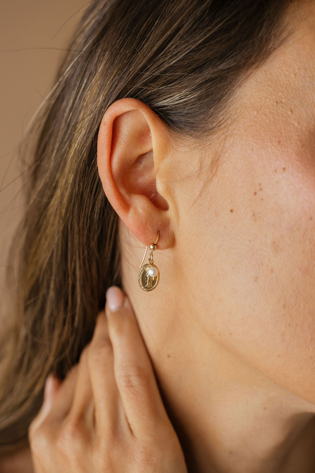Miraculous Medal Earrings with Freshwater Pearl