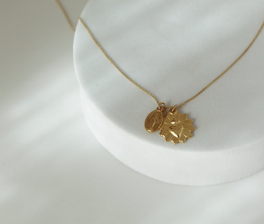 Sacred Heart and Miraculous Medal Necklace in 14k Gold
