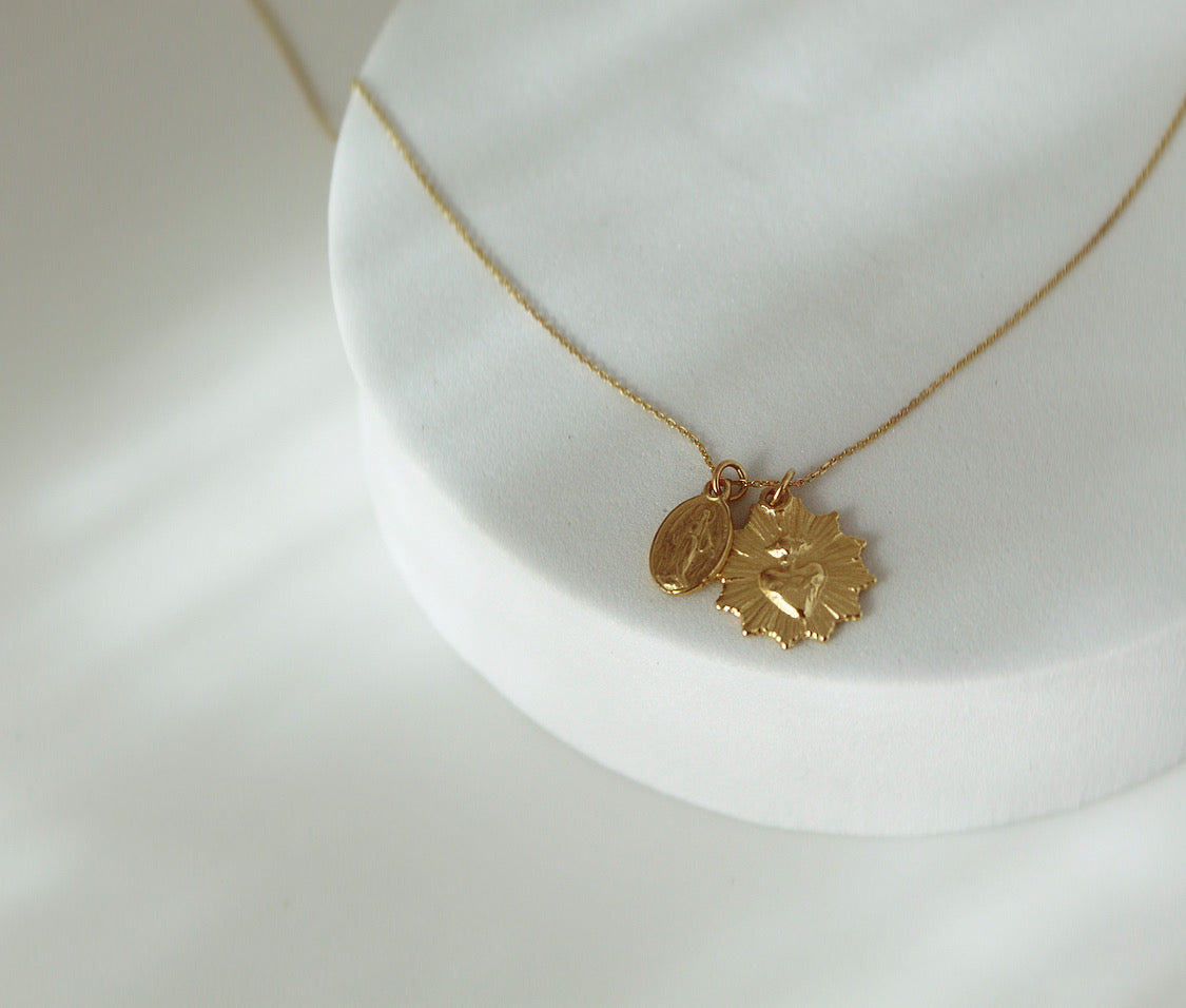 Sacred Heart and Miraculous Medal Necklace in 14k Gold