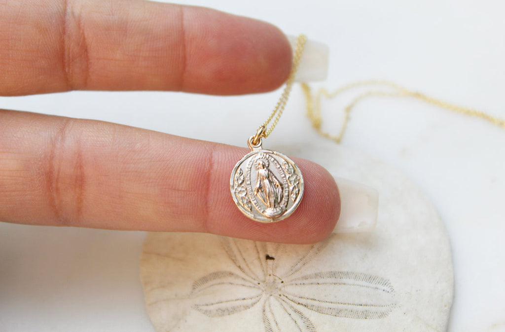 14k Gold Round Miraculous Medal Necklace