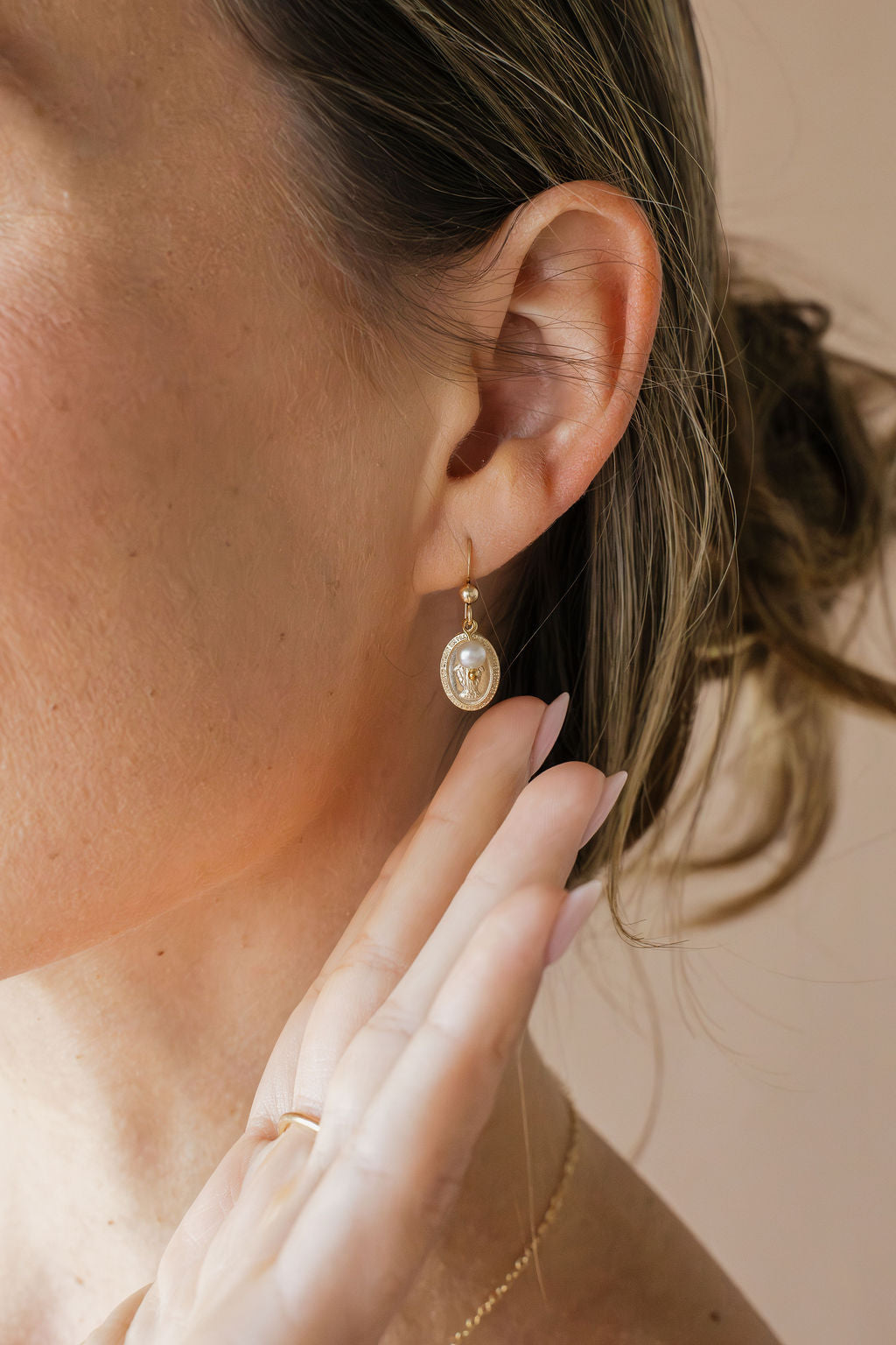 Miraculous Medal Earrings with Freshwater Pearl