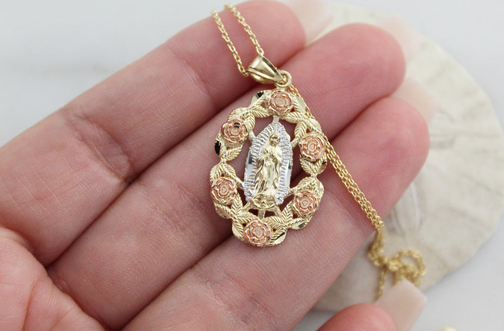 14k Gold Rose Our Lady of Guadalupe Necklace