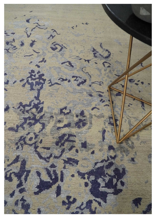 8x10 Beige, Blue and Silver Antique Style, Abstract Hand Knotted Low pile Wool Area Rug