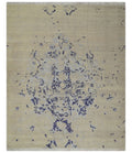 8x10 Beige, Blue and Silver Antique Style, Abstract Hand Knotted Low pile Wool Area Rug
