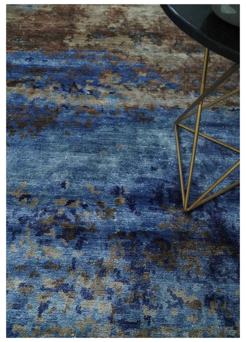 8x10 Blue, Beige and Brown Modern Abstract Hand Knotted wool and bamboo Silk Area Rug