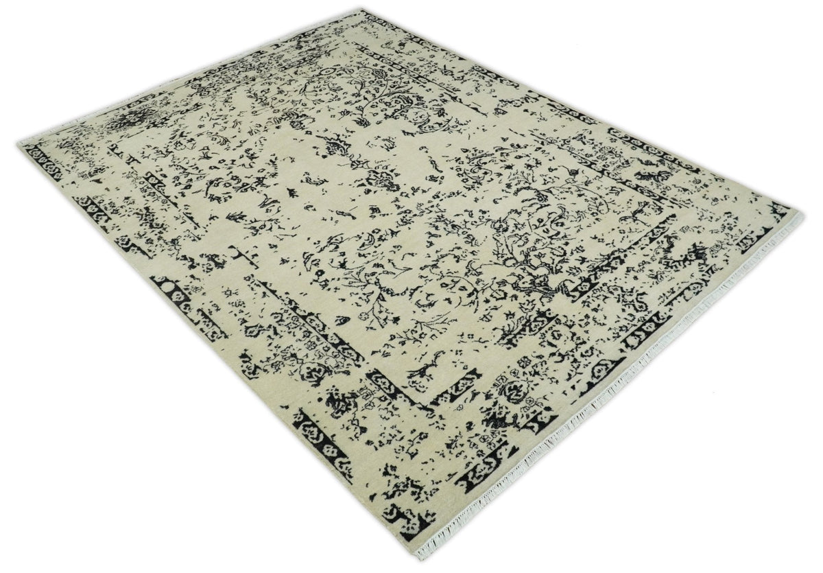 8x10 Fine Hand Knotted Beige and Black Traditional Vintage Persian Antique Wool Rug