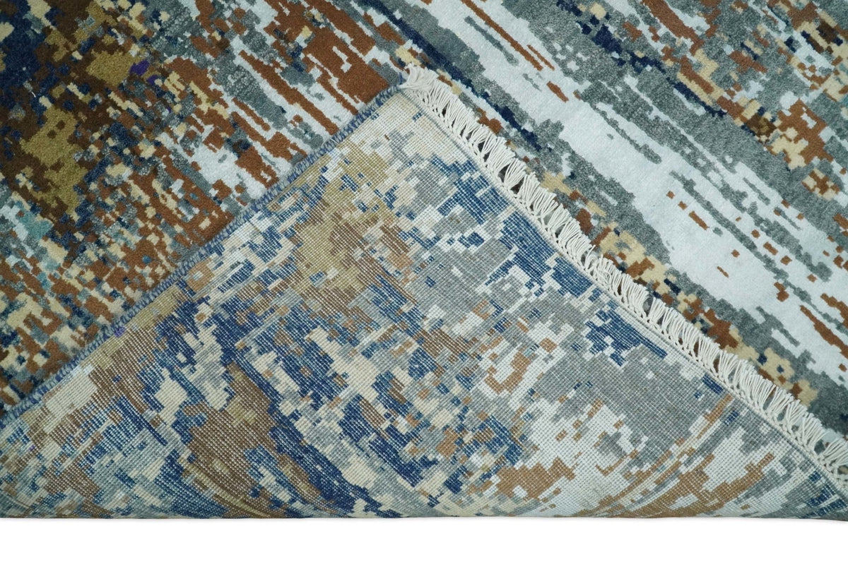 8x10 Fine Hand Knotted Blue And Brown Modern Abstract Wool and Bamboo Silk Area Rug