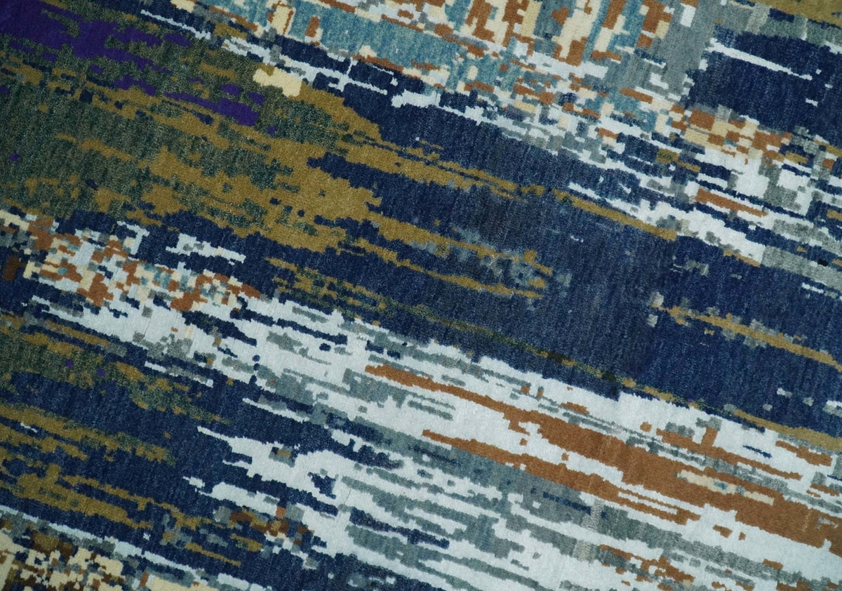 8x10 Fine Hand Knotted Blue And Brown Modern Abstract Wool and Bamboo Silk Area Rug
