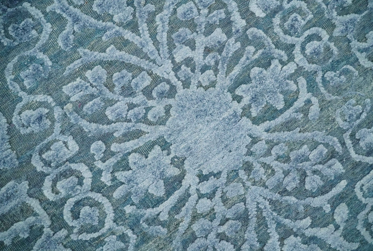 8x9.7 Blue Antique Style, Distressed Finish Hand Carved Traditional Medalian Hand Knotted Wool and Silk Rug
