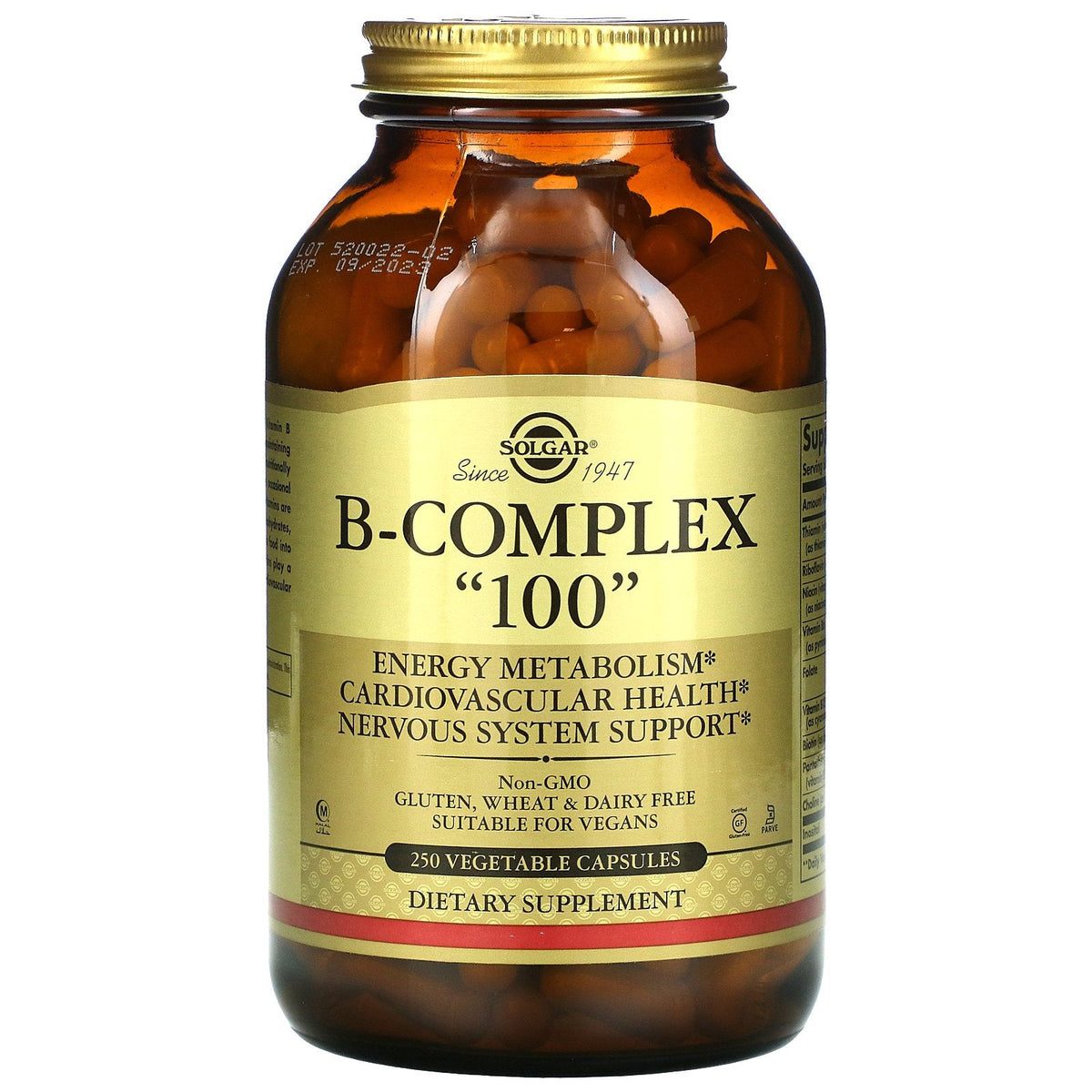 Solgar B-Complex 100 dietary supplement bottle with 250 vegetable capsules for energy metabolism and cardiovascular health