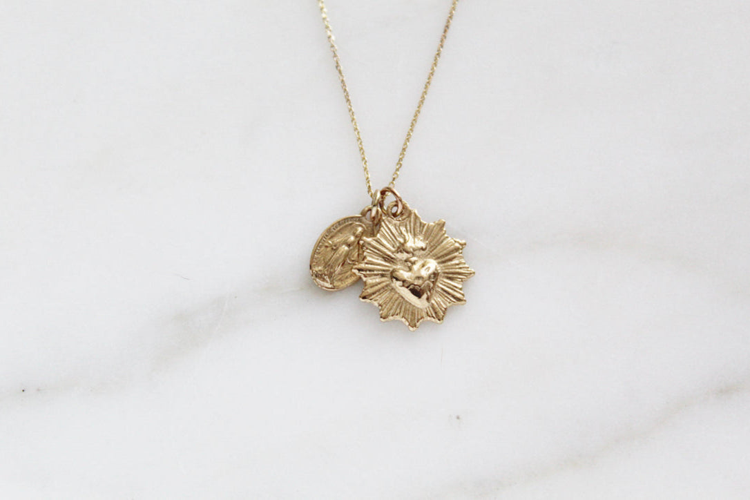 Sacred Heart and Miraculous Medal Necklace in 14k Gold