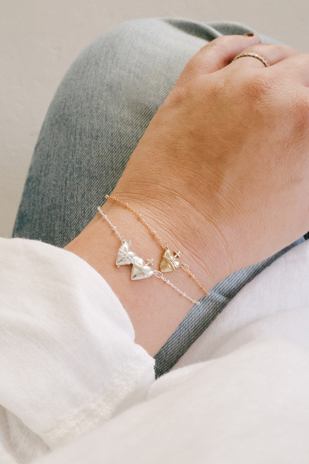 Sacred Heart and Immaculate Heart Bracelet in Sterling Silver