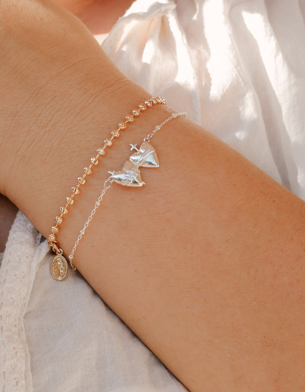 Sacred Heart and Immaculate Heart Bracelet in Sterling Silver