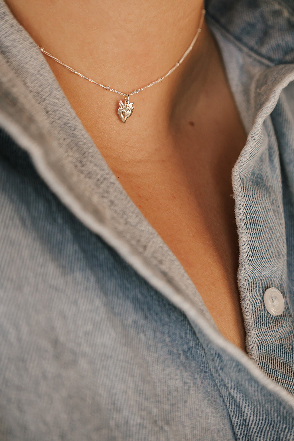 Tiny Sacred Heart Necklace in Sterling Silver
