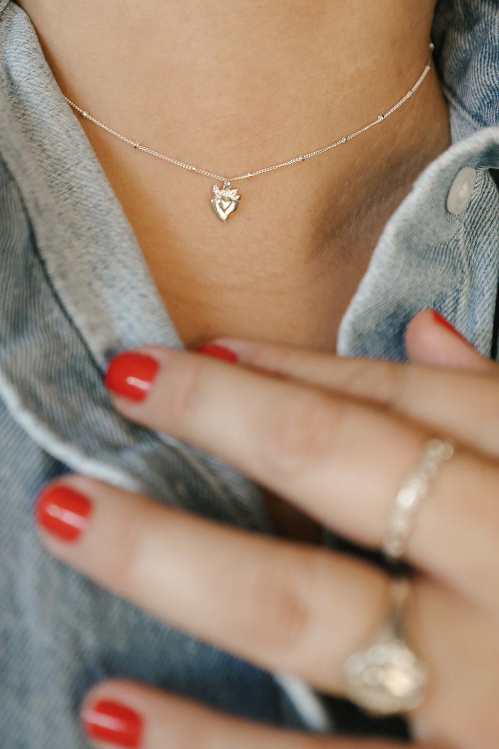 Tiny Sacred Heart Necklace in Sterling Silver