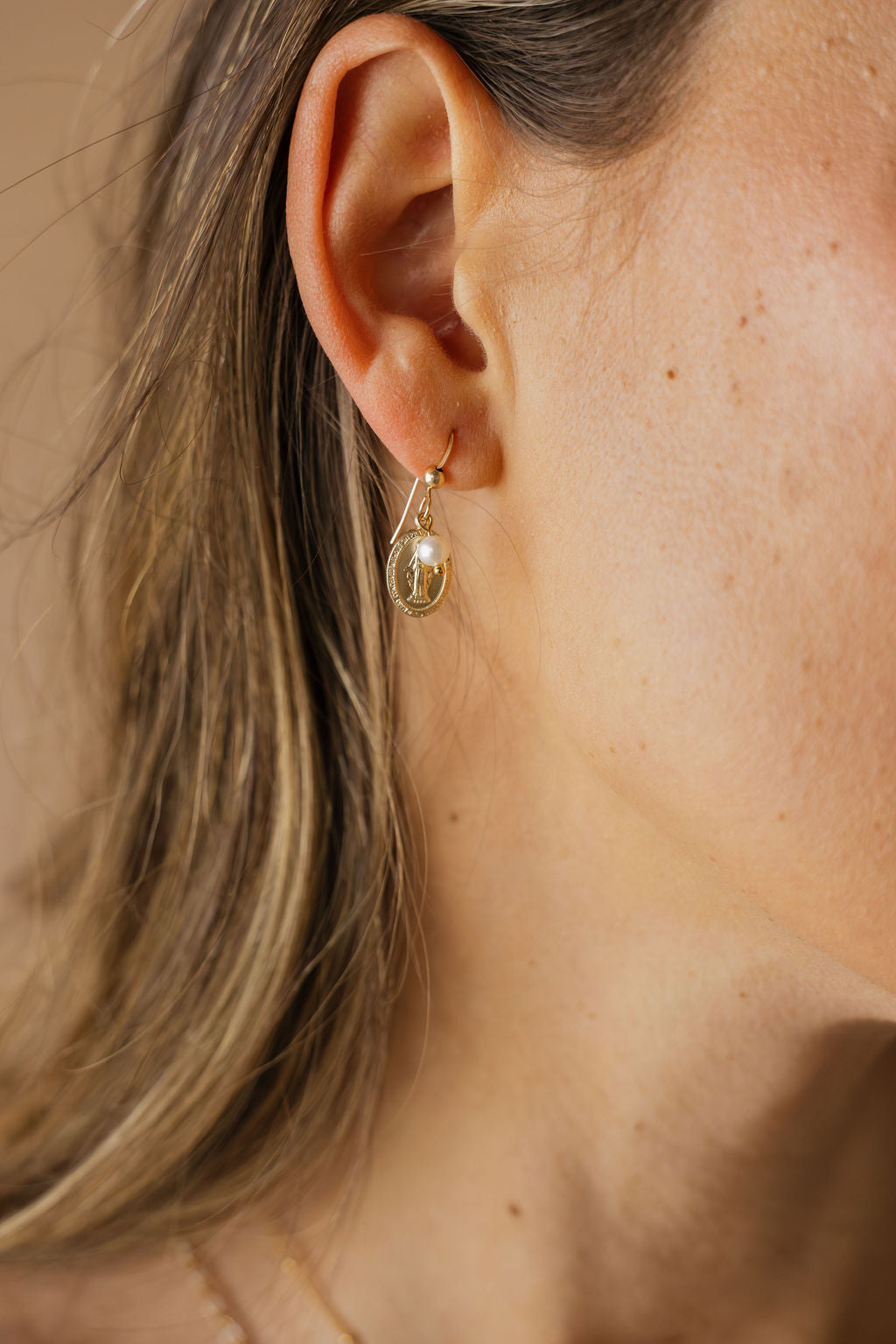 Miraculous Medal Earrings with Freshwater Pearl