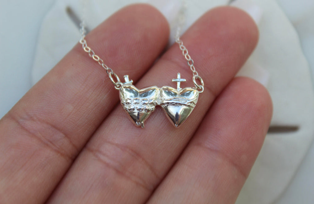 Sacred Heart and Immaculate Heart Necklace in Sterling Silver