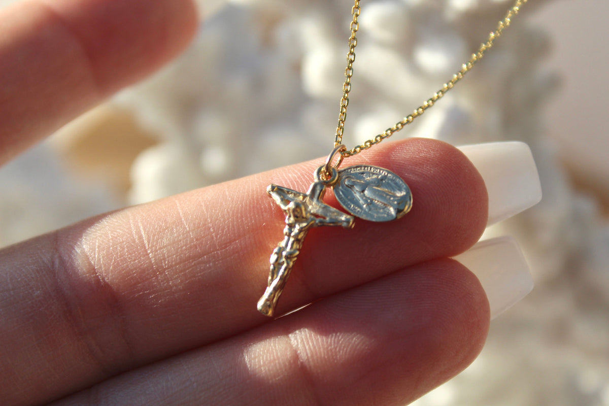 Miraculous Medal and Crucifix Necklace in 14k Gold