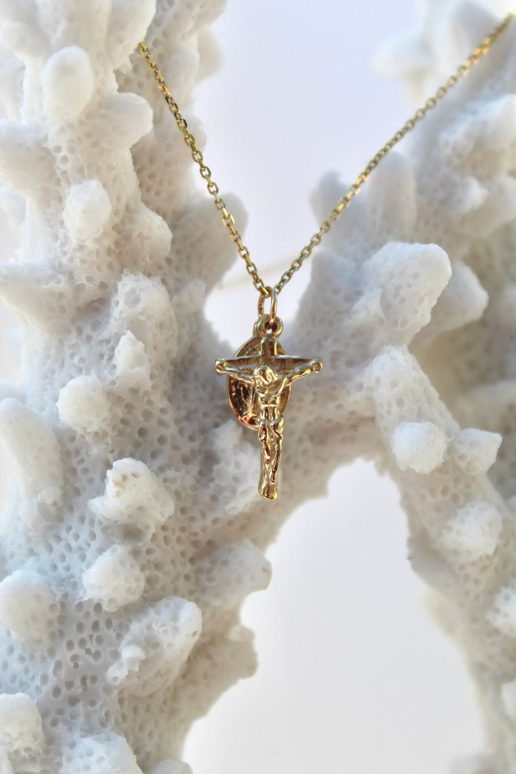 Miraculous Medal and Crucifix Necklace in 14k Gold