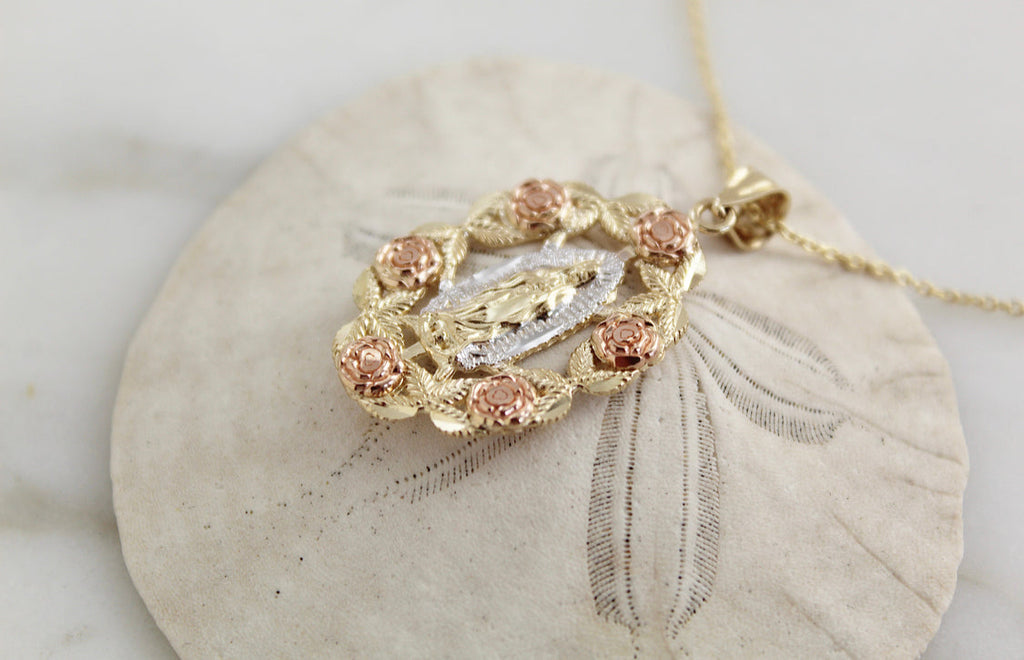 14k Gold Rose Our Lady of Guadalupe Necklace