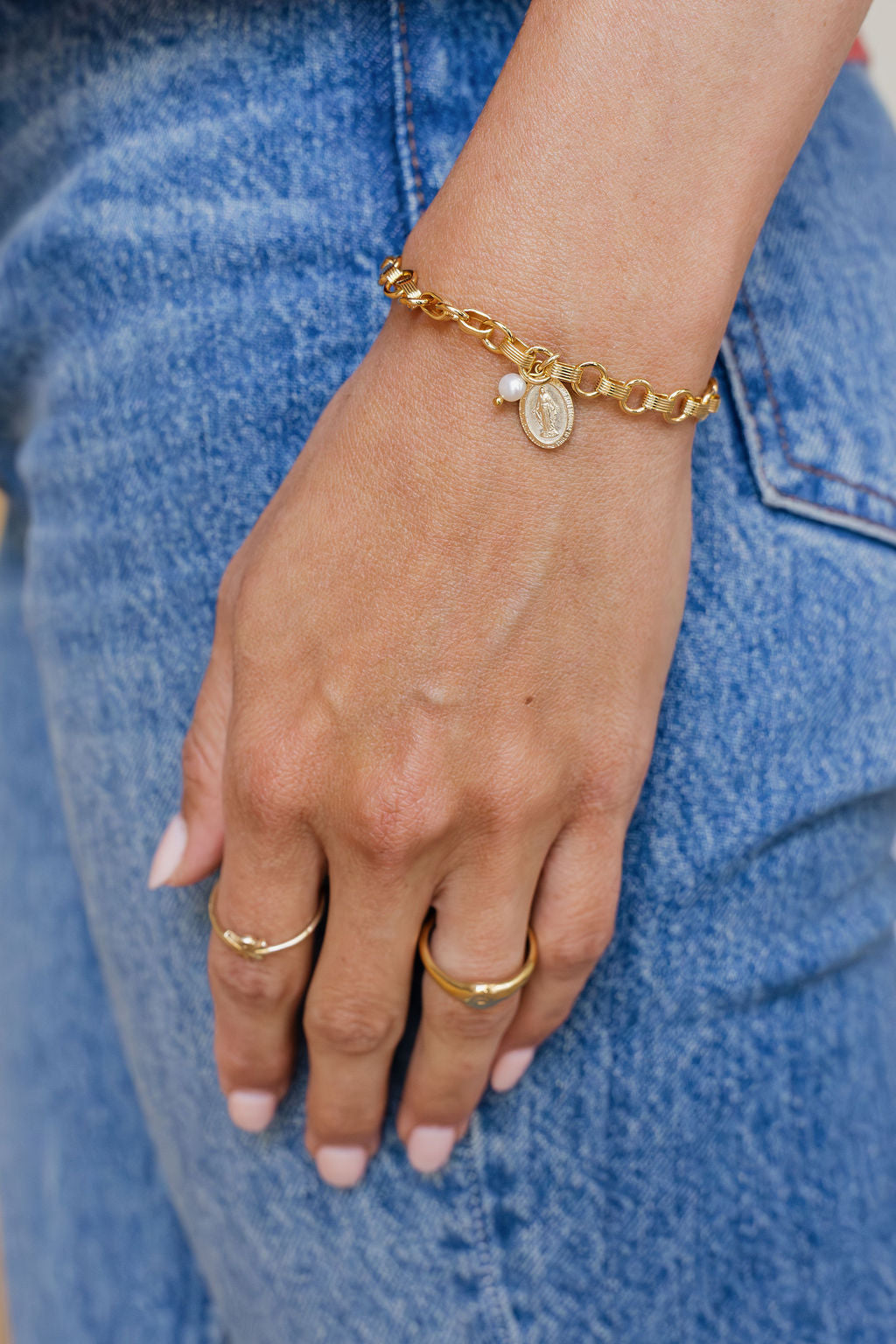 Miraculous Medal and Pearl Ring Band Bracelet