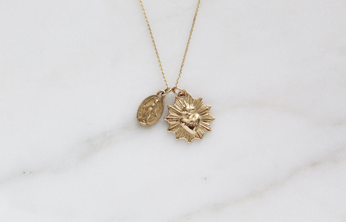 Sacred Heart and Miraculous Medal Necklace in 14k Gold