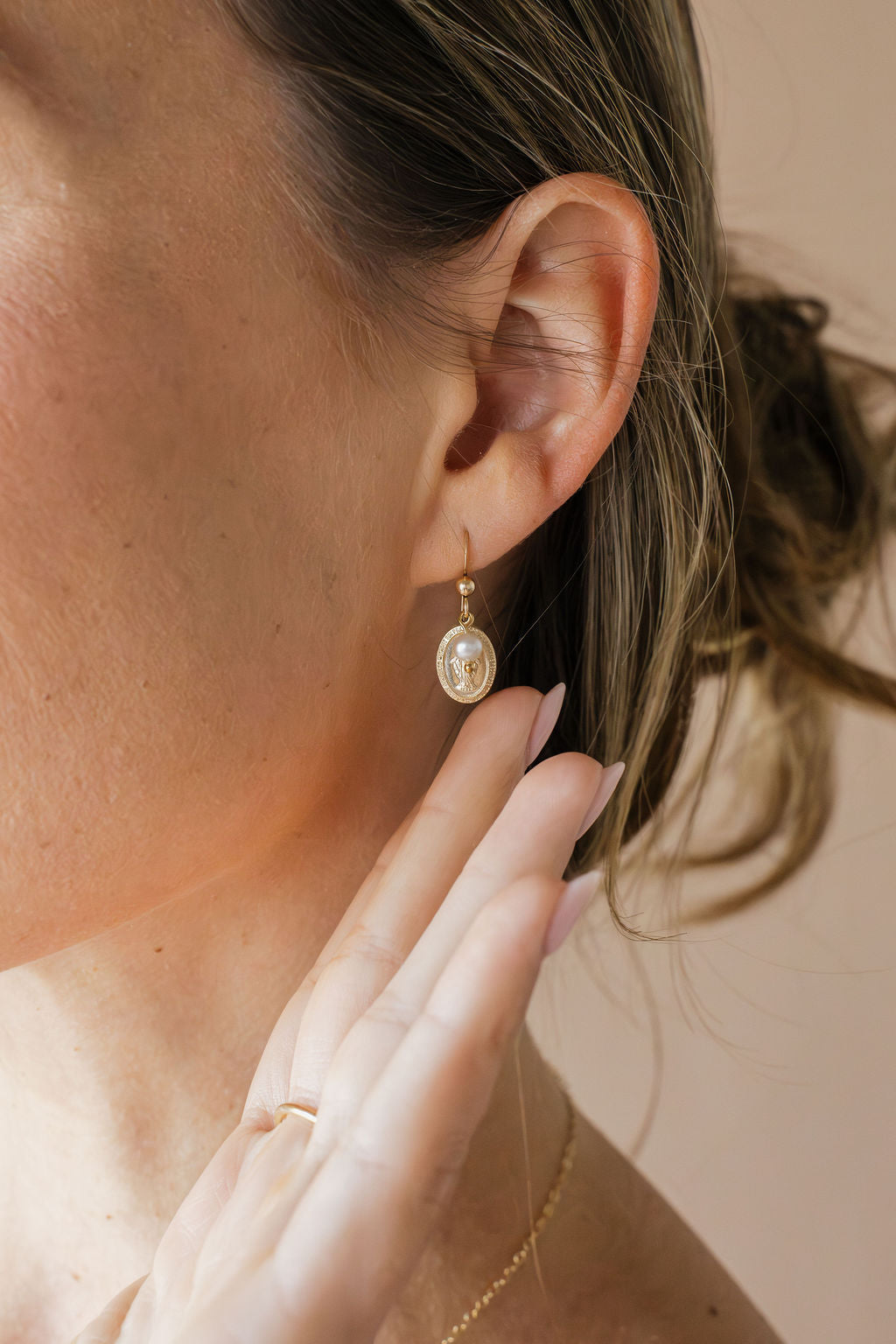 Miraculous Medal Earrings with Freshwater Pearl