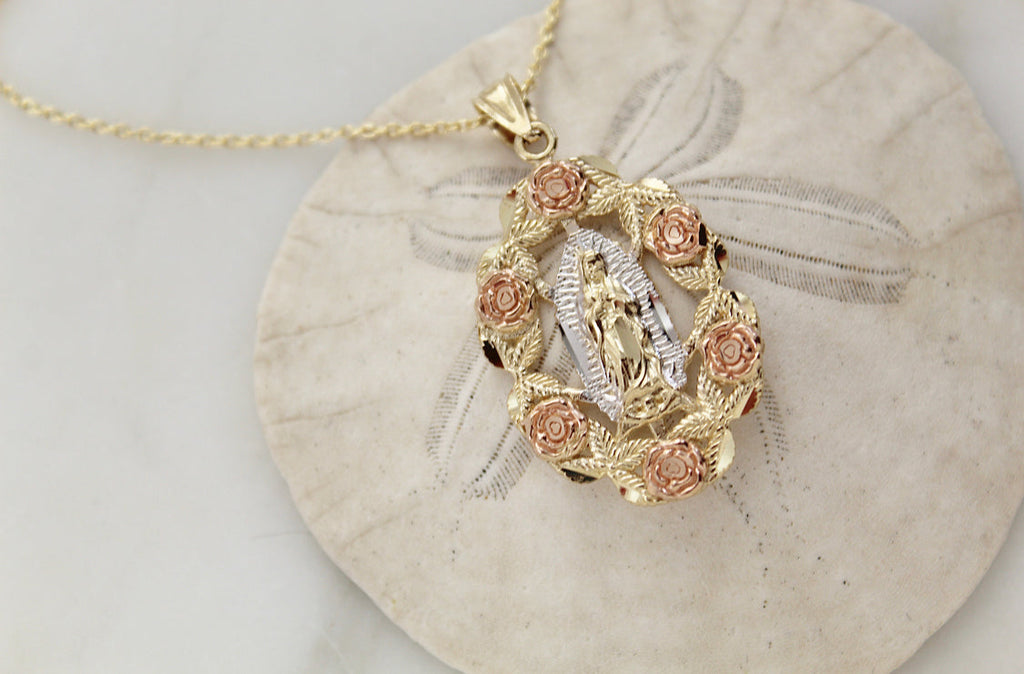 14k Gold Rose Our Lady of Guadalupe Necklace