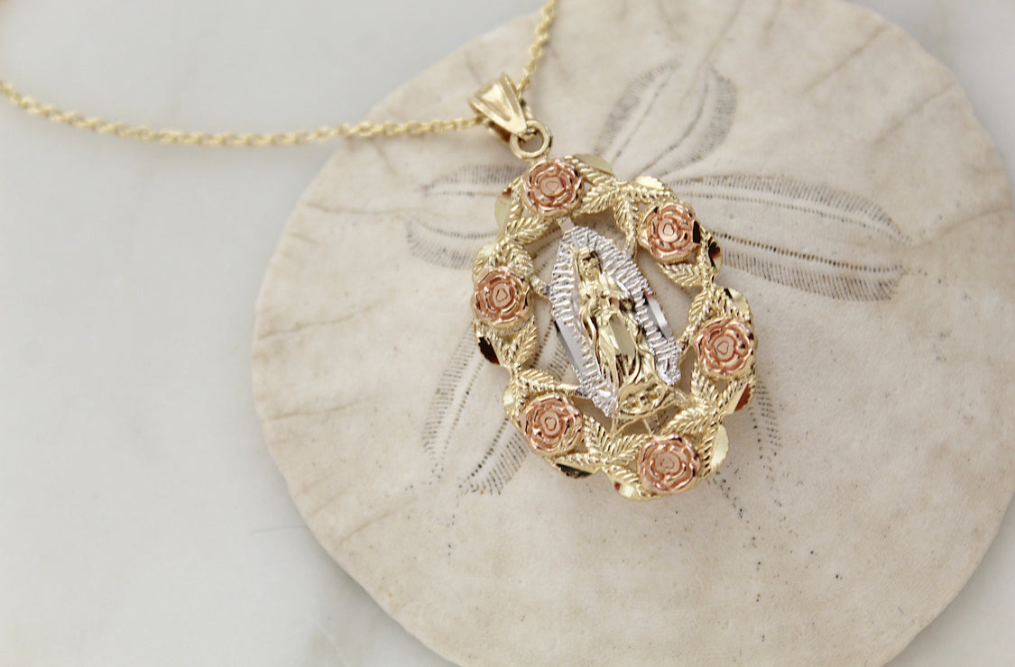 14k Gold Rose Our Lady of Guadalupe Necklace
