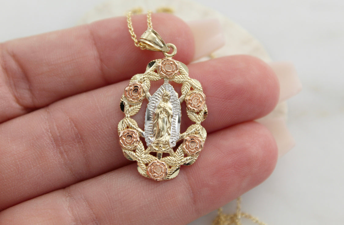 14k Gold Rose Our Lady of Guadalupe Necklace