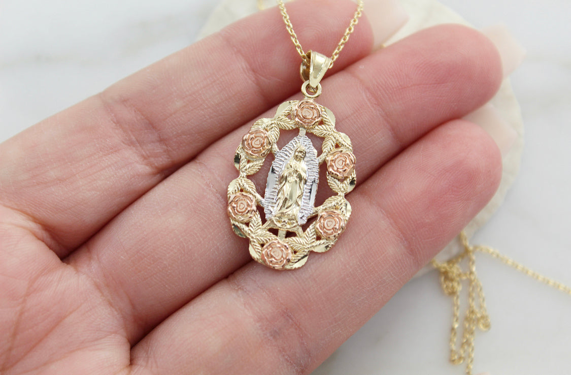 14k Gold Rose Our Lady of Guadalupe Necklace