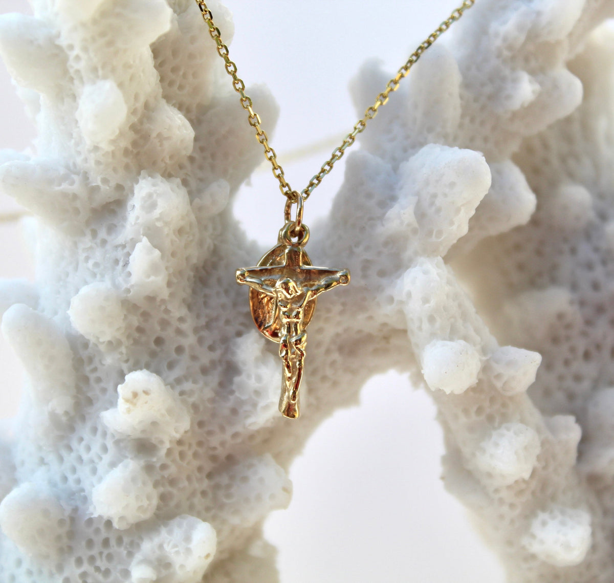 Miraculous Medal and Crucifix Necklace in 14k Gold