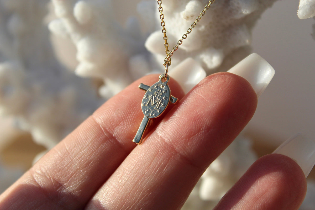 Miraculous Medal and Crucifix Necklace in 14k Gold